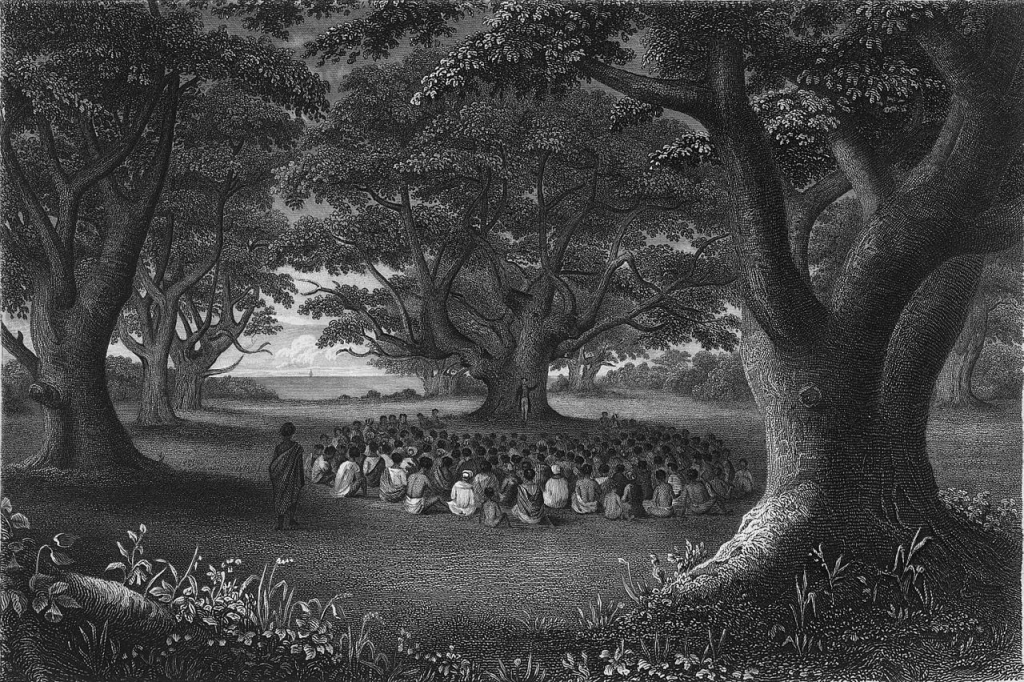 Misjonarze nauczający wśród drzew kukui. Źródło: Książka "Narrative of the United States Exploring Expedition" Charlsa Wilkesa, 1845